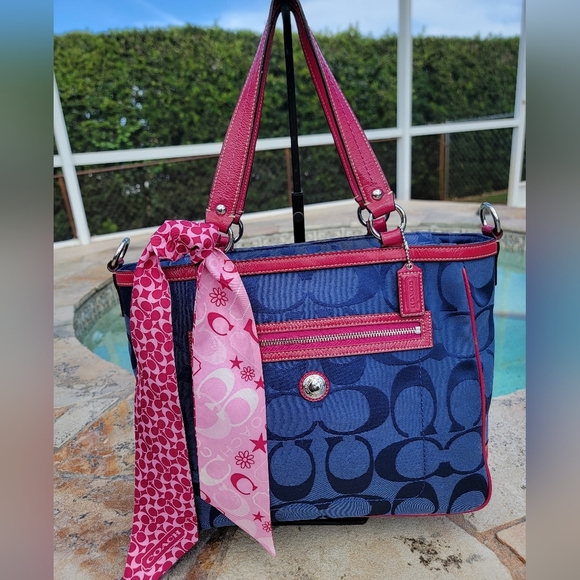 Coach Navy And Fuchia Laura Signature Monogram Jacquard Tote - Picture 1 of 16